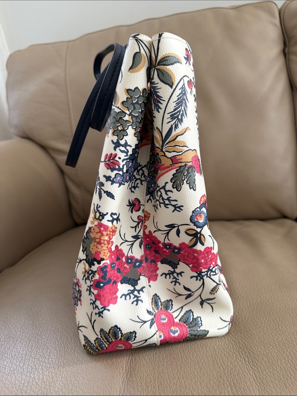 Tory Burch Floral Print Tote Bag with Navy Handles - Cream & Multicolor - Picture 6 of 15